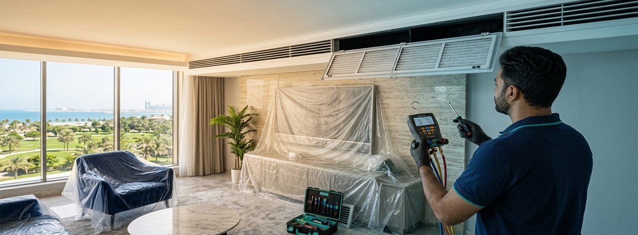 Octopus technician servicing a ceiling AC unit in a Dubai apartment